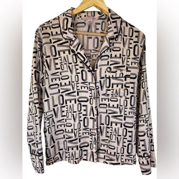 Victoria’s Secret VS Love Logo Satin Long Sleeve Button Up Sleep Top Small - Picture 1 of 7
